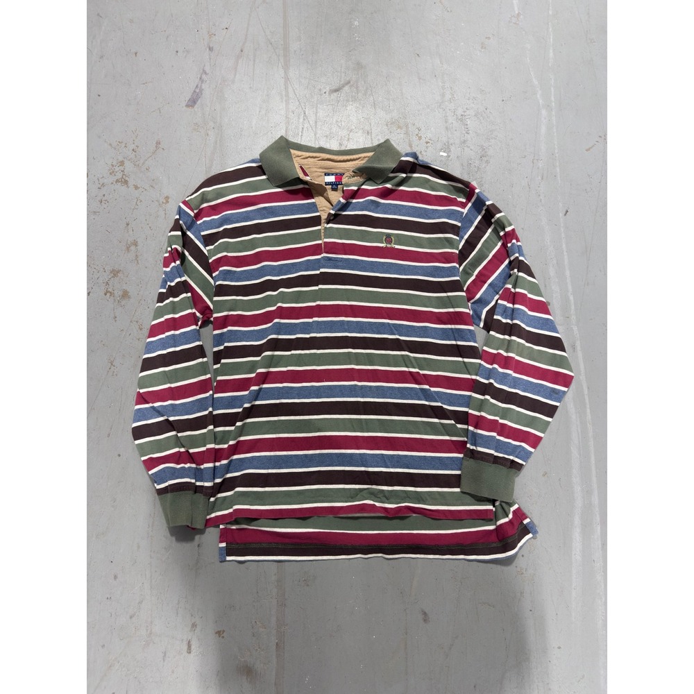 90's Tommy Hilfiger Mens Long Sleeve Rugby Polo Shirt Striped Multi Color Crest